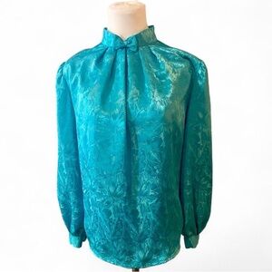 Vintage Ann Chabrol Teal Floral Jacquard Blouse w/ Bow Neck – Size 16